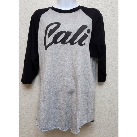 Alstyle Black Gray Cali Graphic Print T Shirt Large 3/4 Raglan Sleeves Soft - Picture 1 of 5